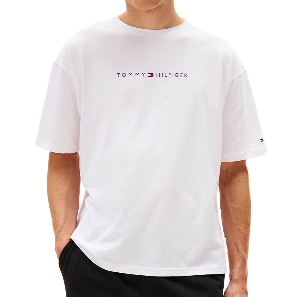 white Tommy Hilfiger t-shirt with logo on chest