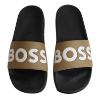 Black and beige sliders with BOSS on straps