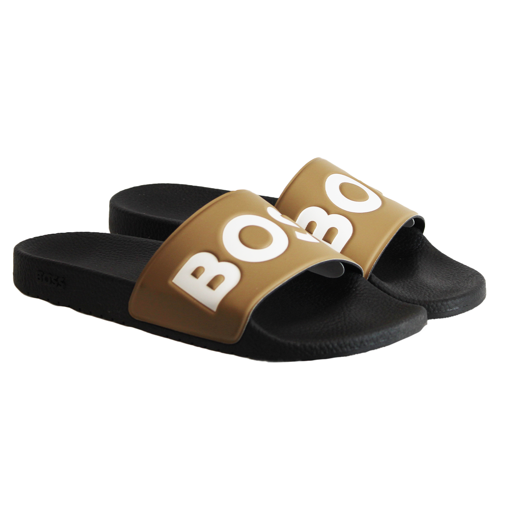 Black and beige sliders with BOSS on straps