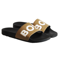 Black and beige sliders with BOSS on straps