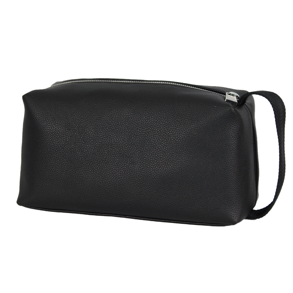 Black wash bag  with a zipper on a white background