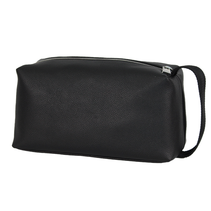 Black wash bag  with a zipper on a white background
