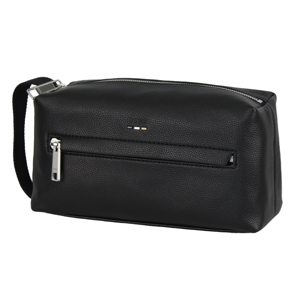 Black wash bag  with a zipper on a white background