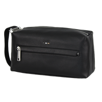 Black wash bag  with a zipper on a white background