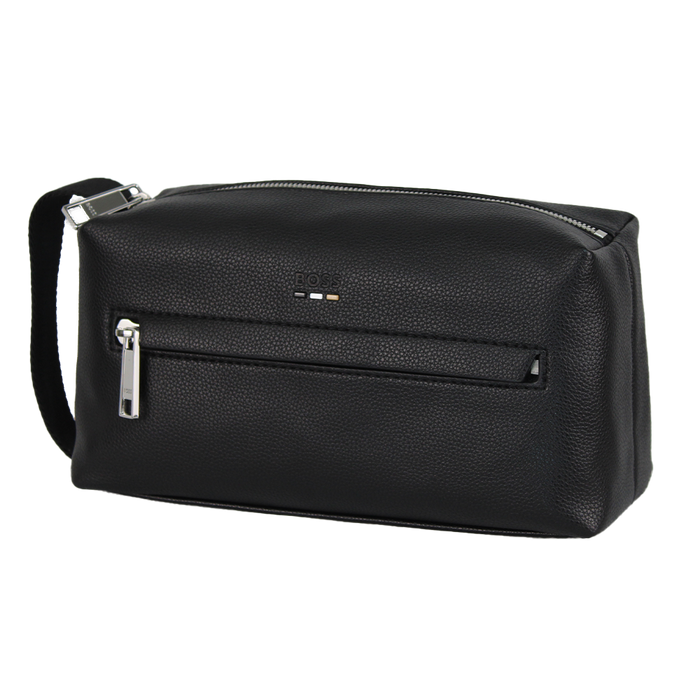 Black wash bag  with a zipper on a white background