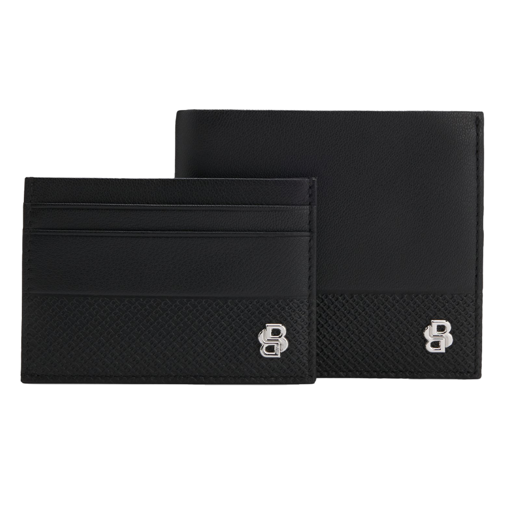 Black leather wallet and cardholder set with 'BOSS' branding