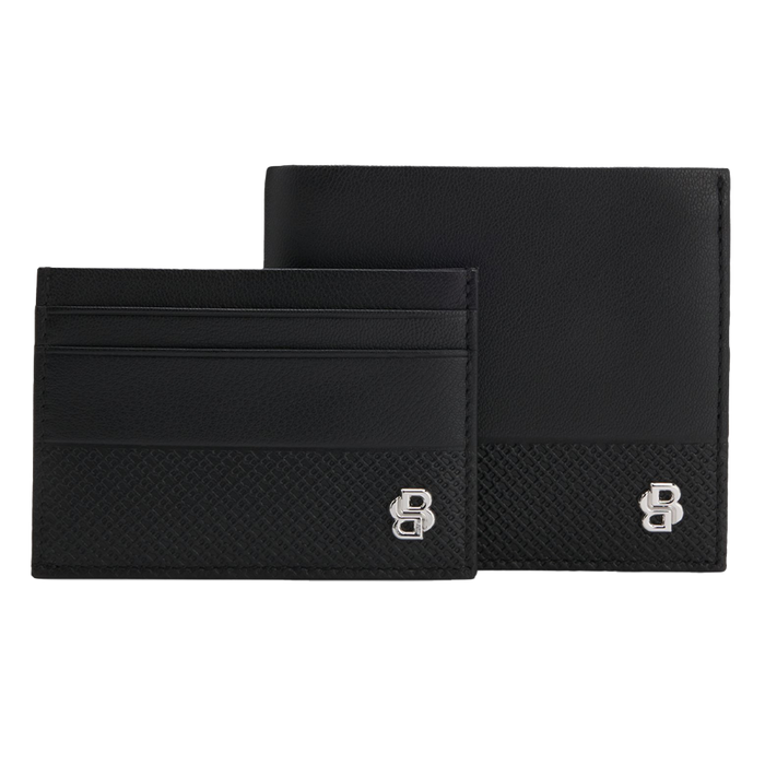 Black leather wallet and cardholder set with 'BOSS' branding