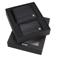 Black leather wallet and cardholder set with 'BOSS' branding in a box on a white background