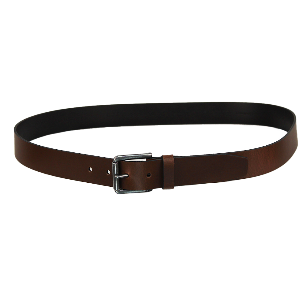 Brown belt with a silver buckle on a white background