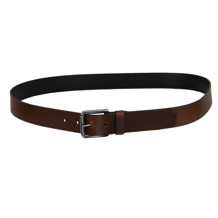 Brown belt with a silver buckle on a white background