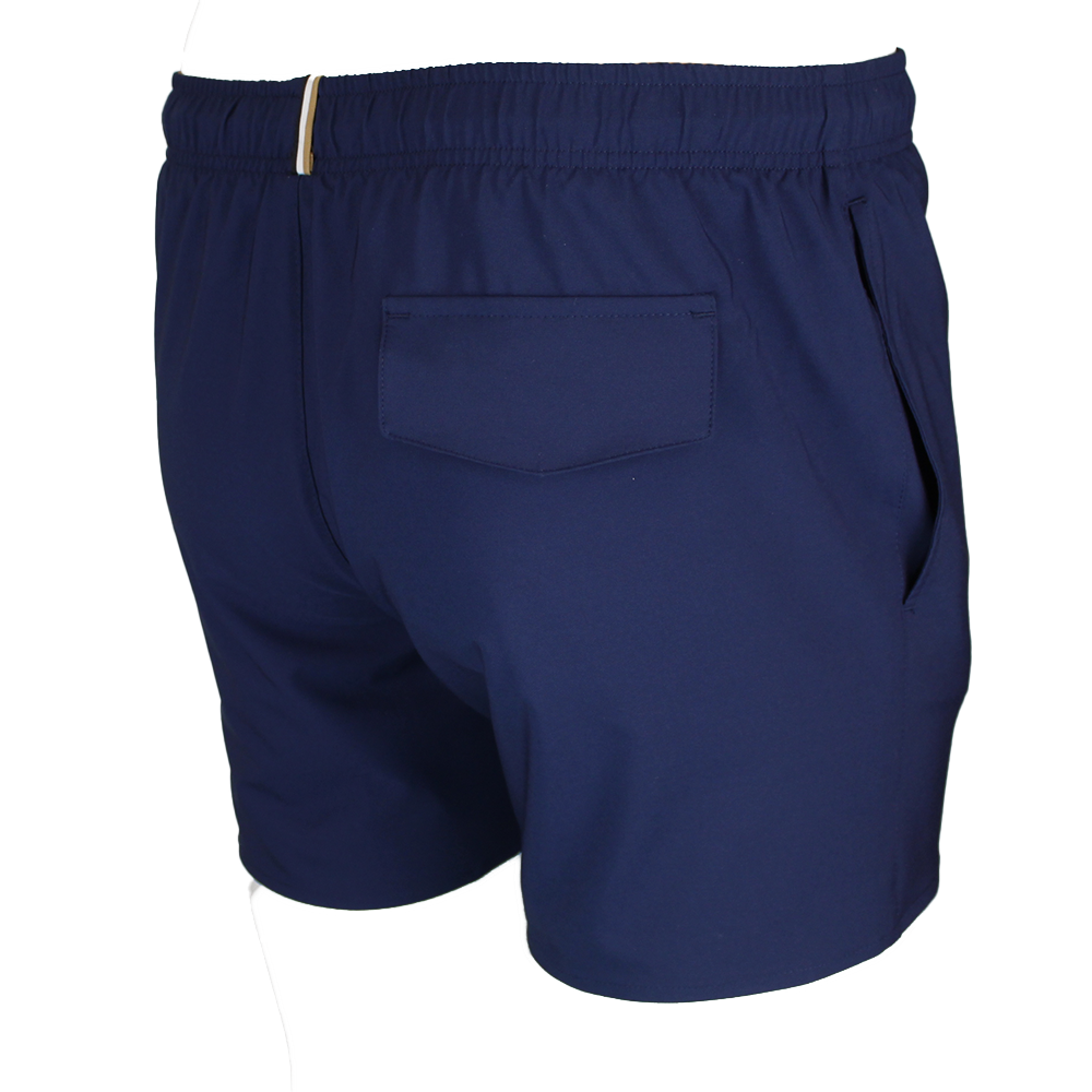 Blue BOSS swim shorts with orange drawstring, back