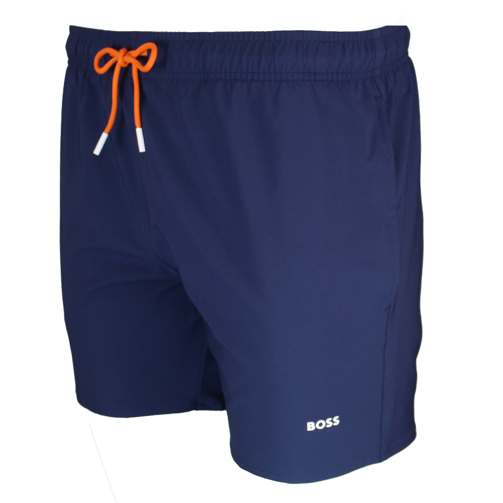 Blue BOSS swim shorts with orange drawstring, side