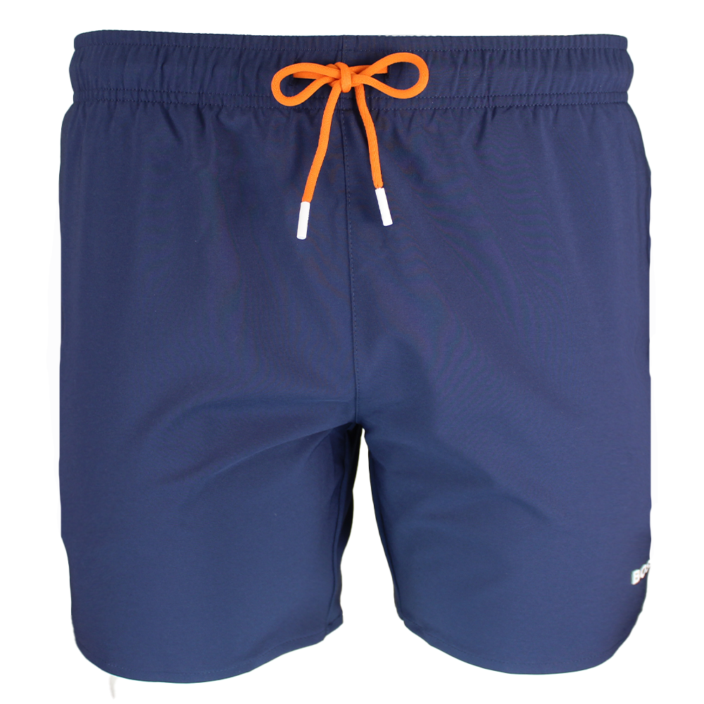 Blue BOSS swim shorts with orange drawstring