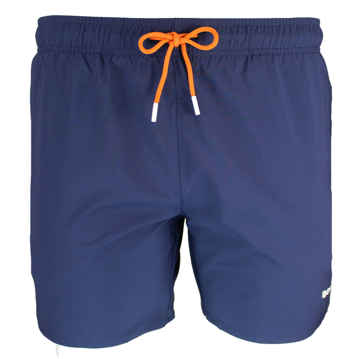 Blue BOSS swim shorts with orange drawstring