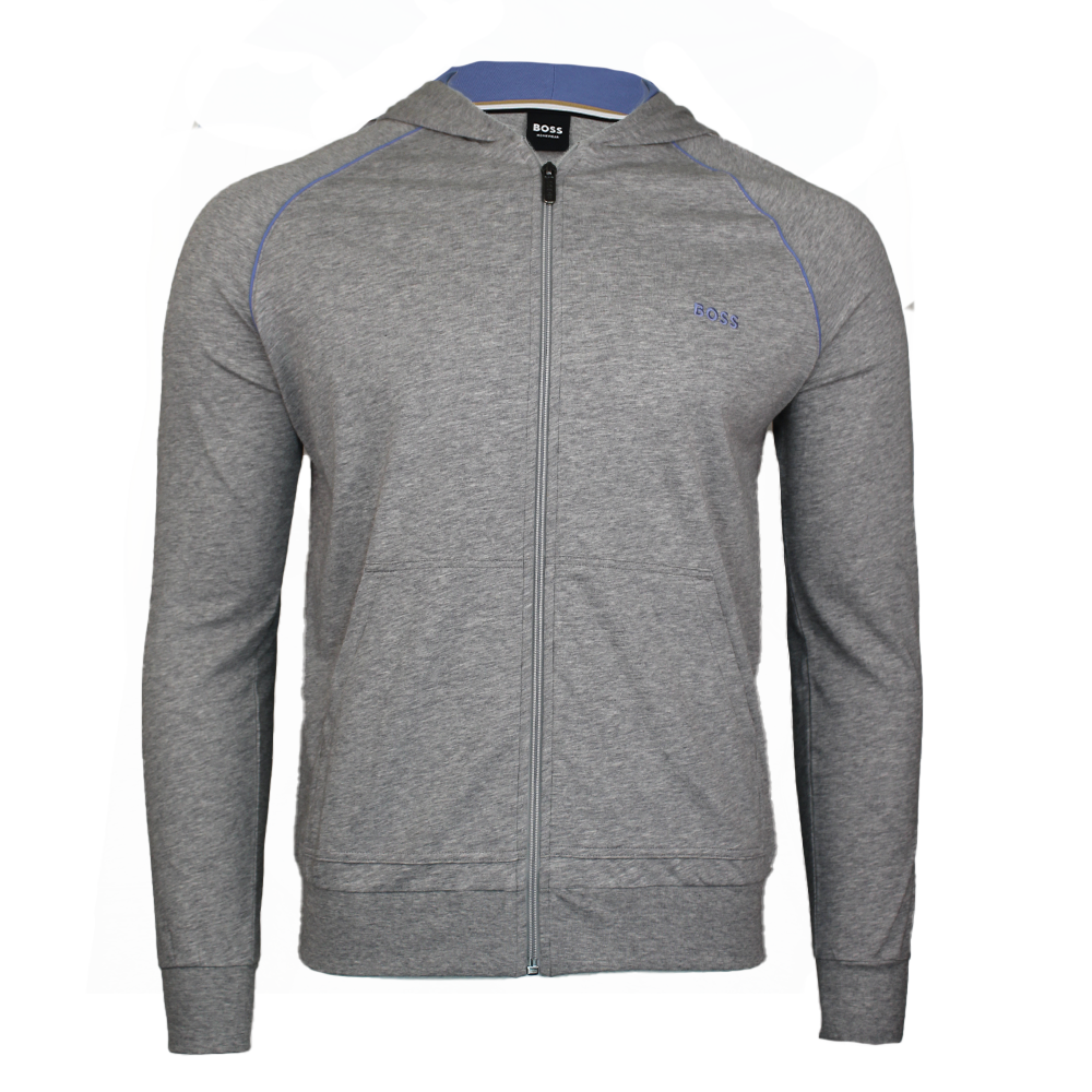Grey hooded jacket with blue trim and BOSS branding