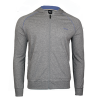 Grey hooded jacket with blue trim and BOSS branding
