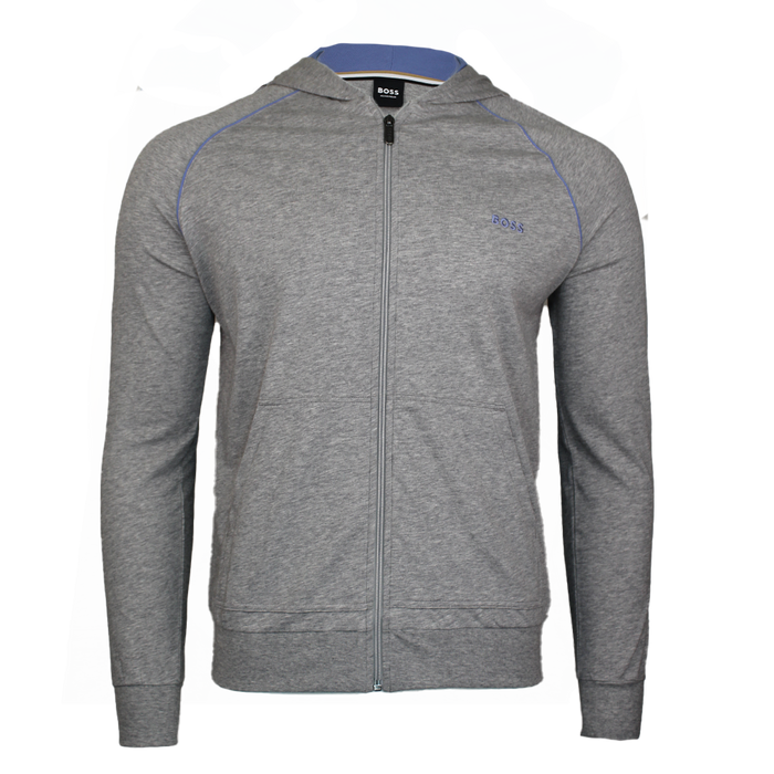 Grey hooded jacket with blue trim and BOSS branding