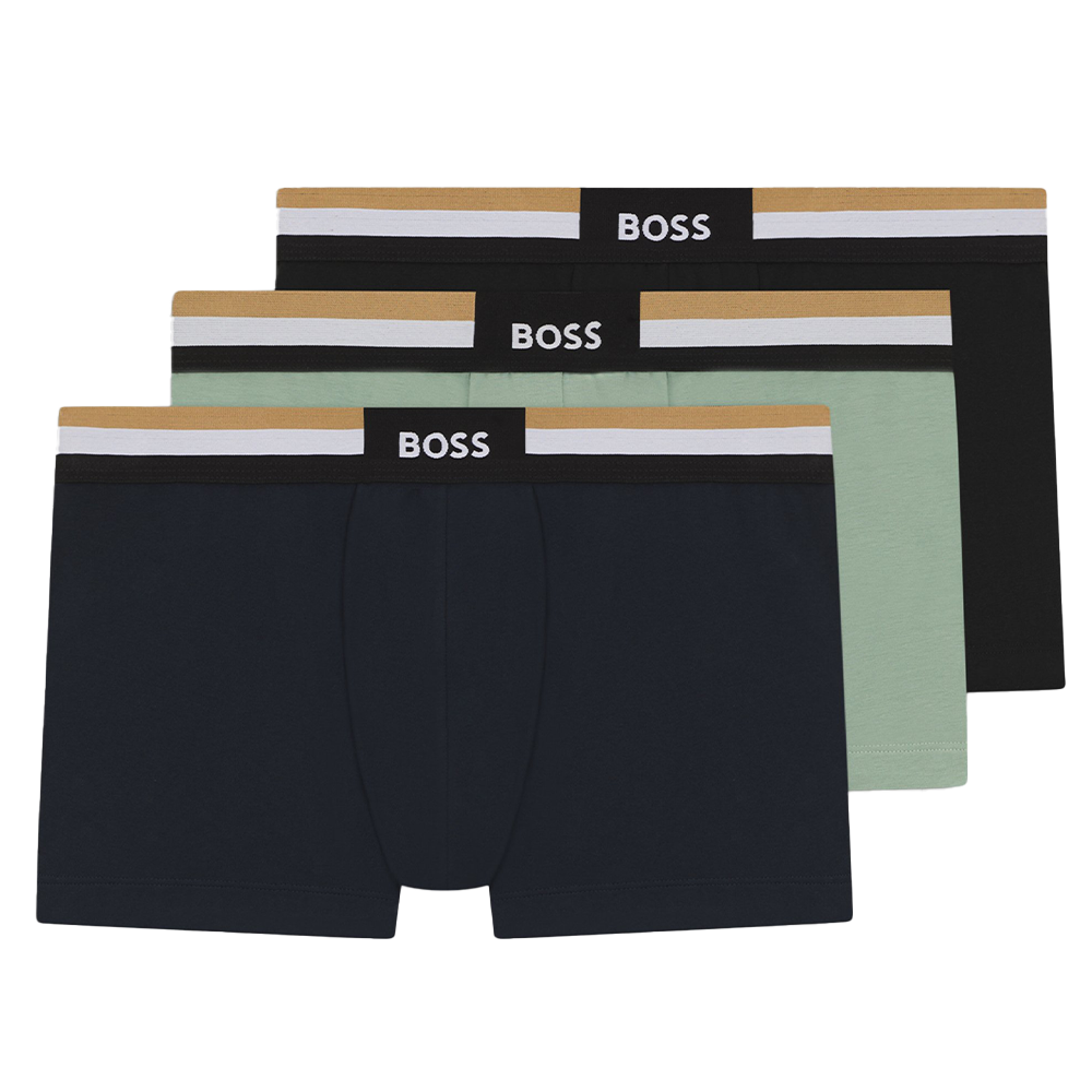 3 pairs of Boss branded boxer trunks, navy, black and pale green