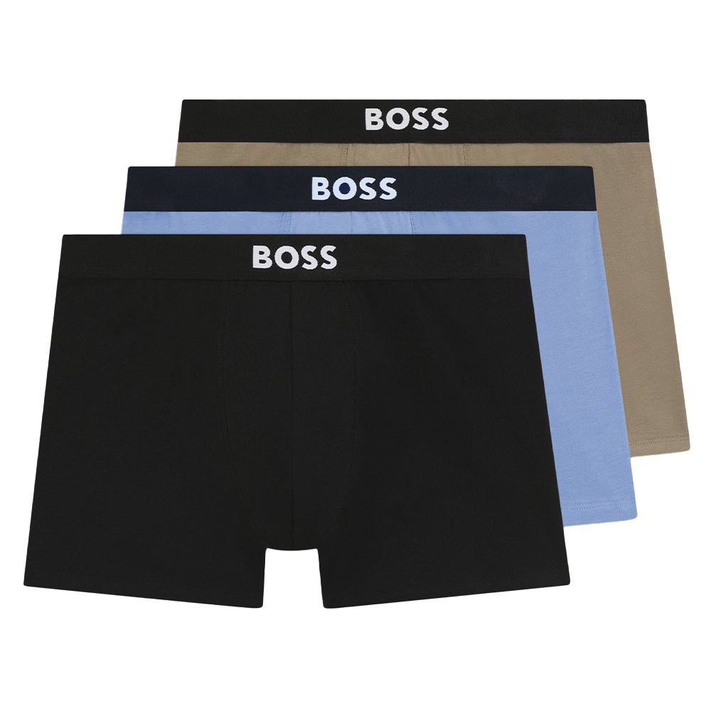 Black, blue and green boxer briefs with BOSS on waistband