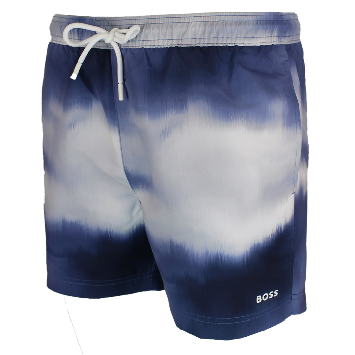 Blue BOSS swim shorts, side