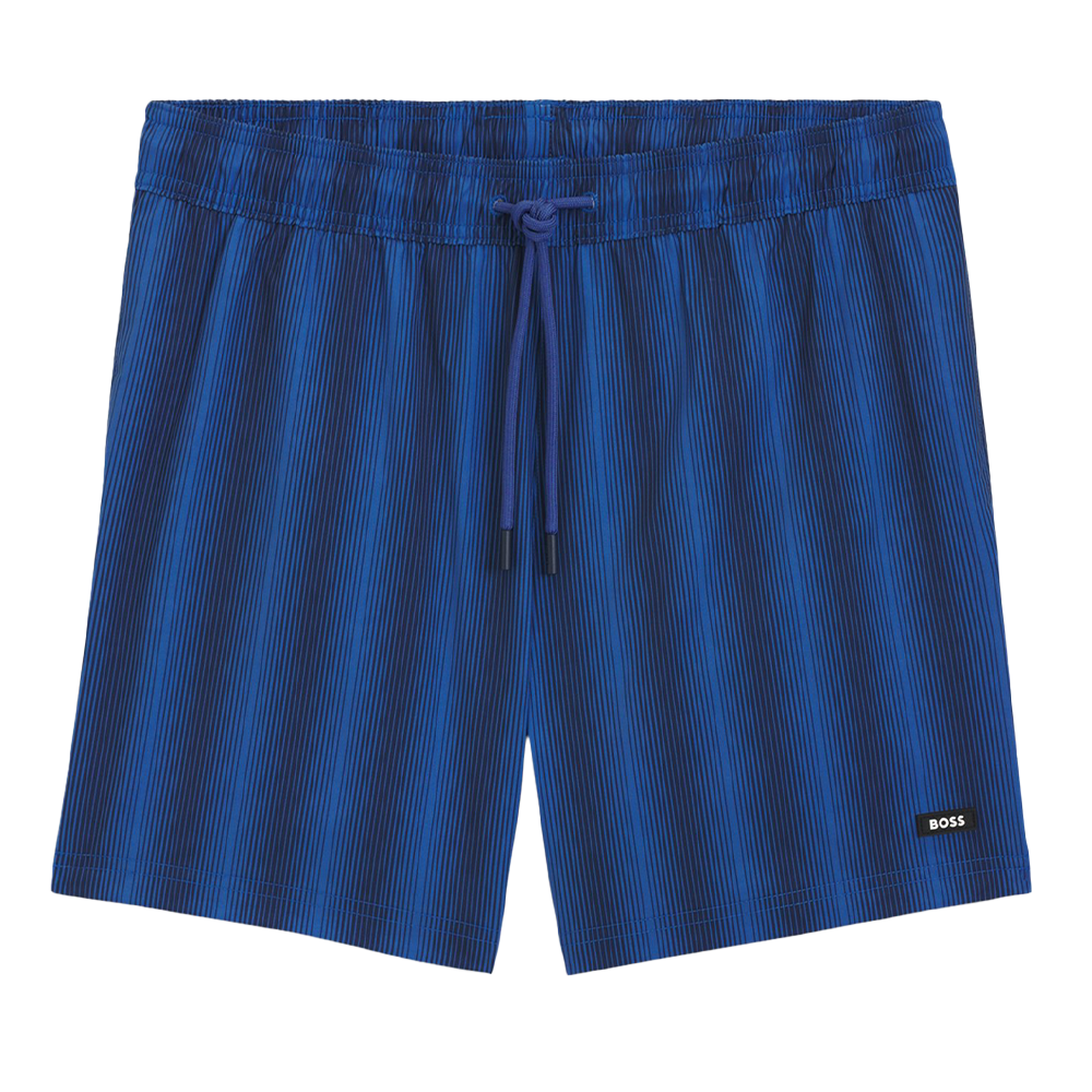 Blue striped swim shorts with BOSS badge