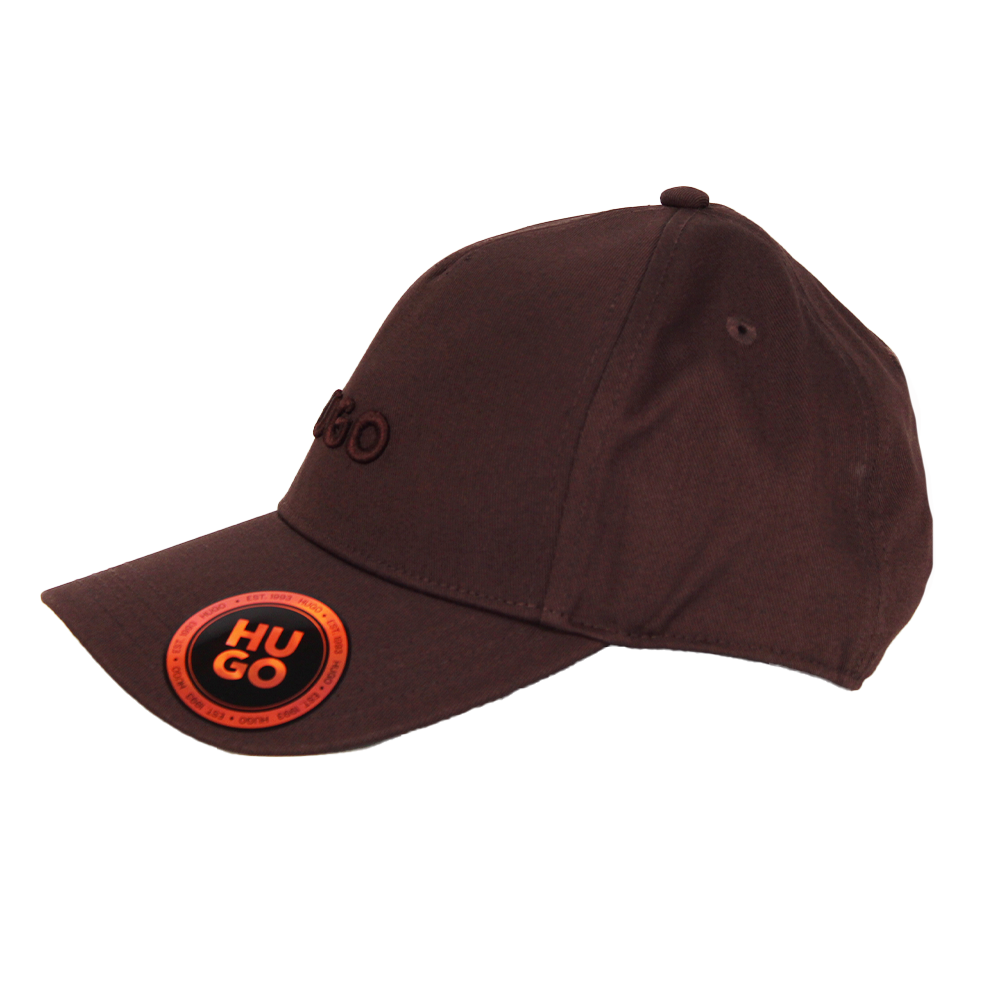 Brown cap with a circular logo on a white background