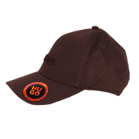 Brown cap with a circular logo on a white background