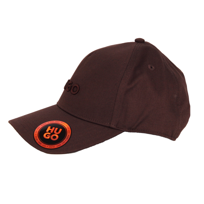 Brown cap with a circular logo on a white background