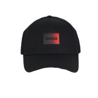 Black cap with a red and black logo on a white background