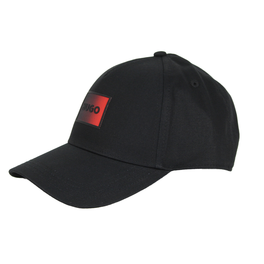 Black cap with a red logo on a white background