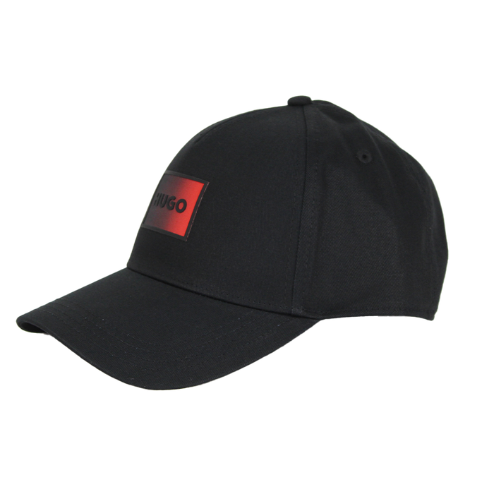 Black cap with a red logo on a white background