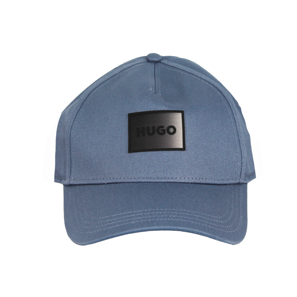 Blue cap with a black logo on a white background