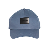 Blue cap with a black logo on a white background