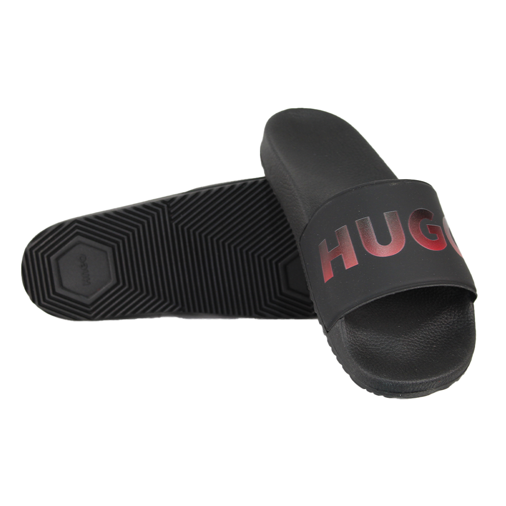 Black slides with red 'HUGO' logo on a white background