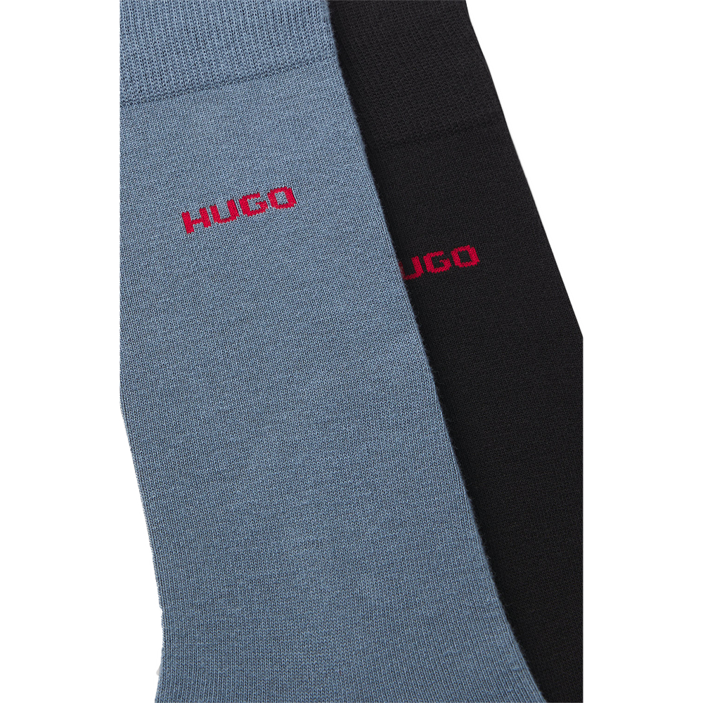 Blue socks with red HUGO logo