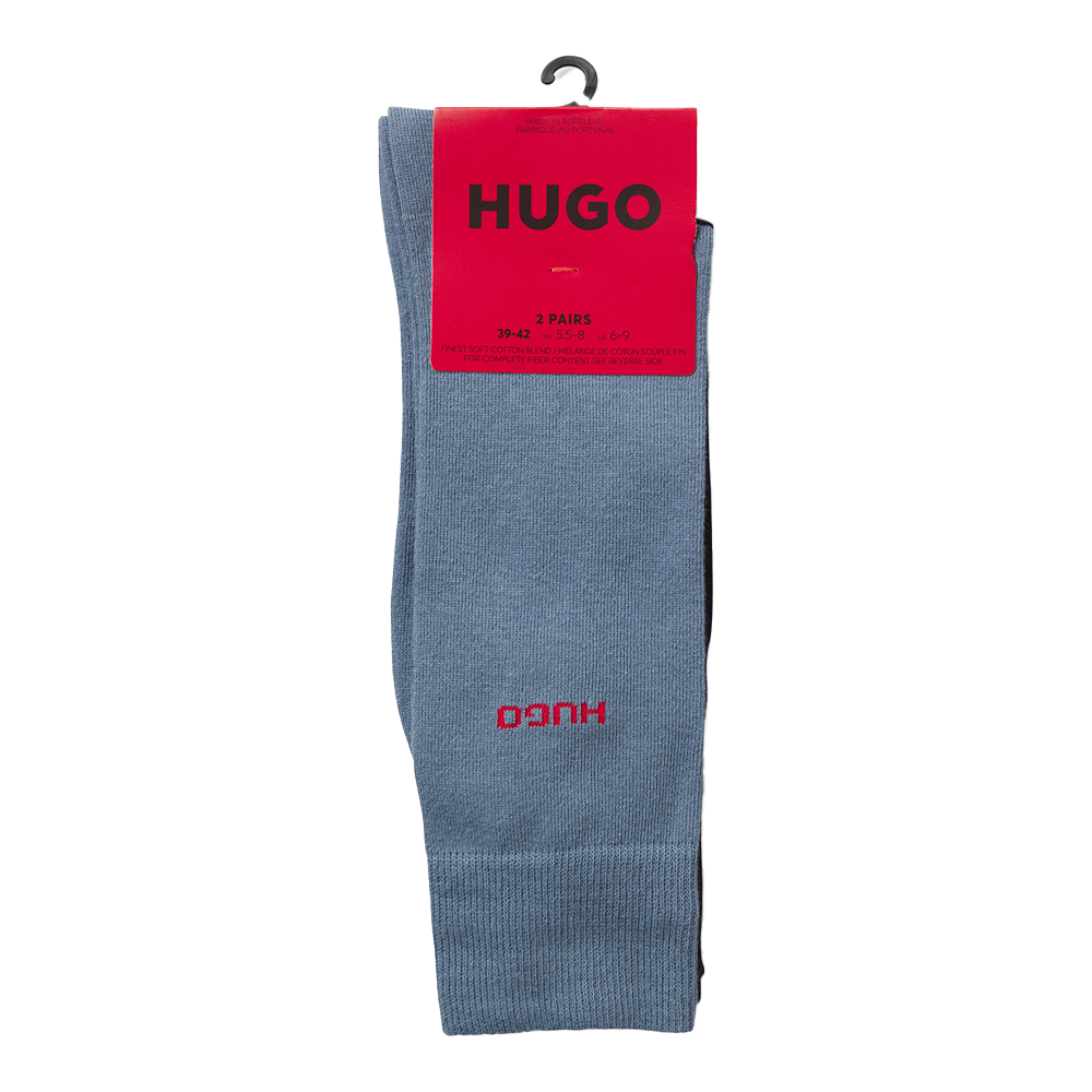 Blue socks with red HUGO logo