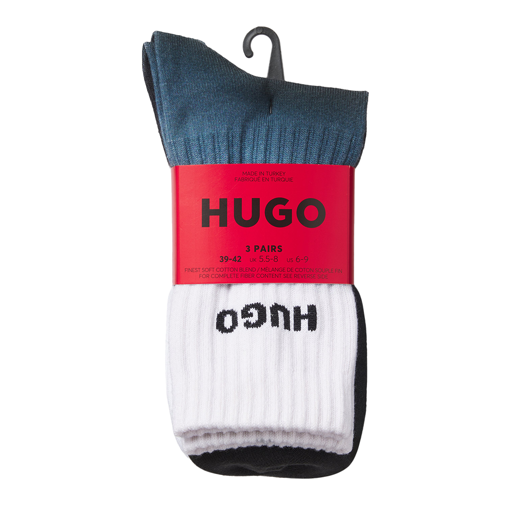 Pack of three pairs of socks with HUGO branding on a white background