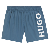 Blue swim shorts with large HUGO side branding