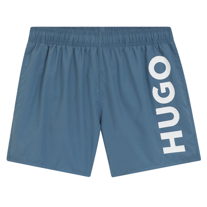 Blue swim shorts with large HUGO side branding