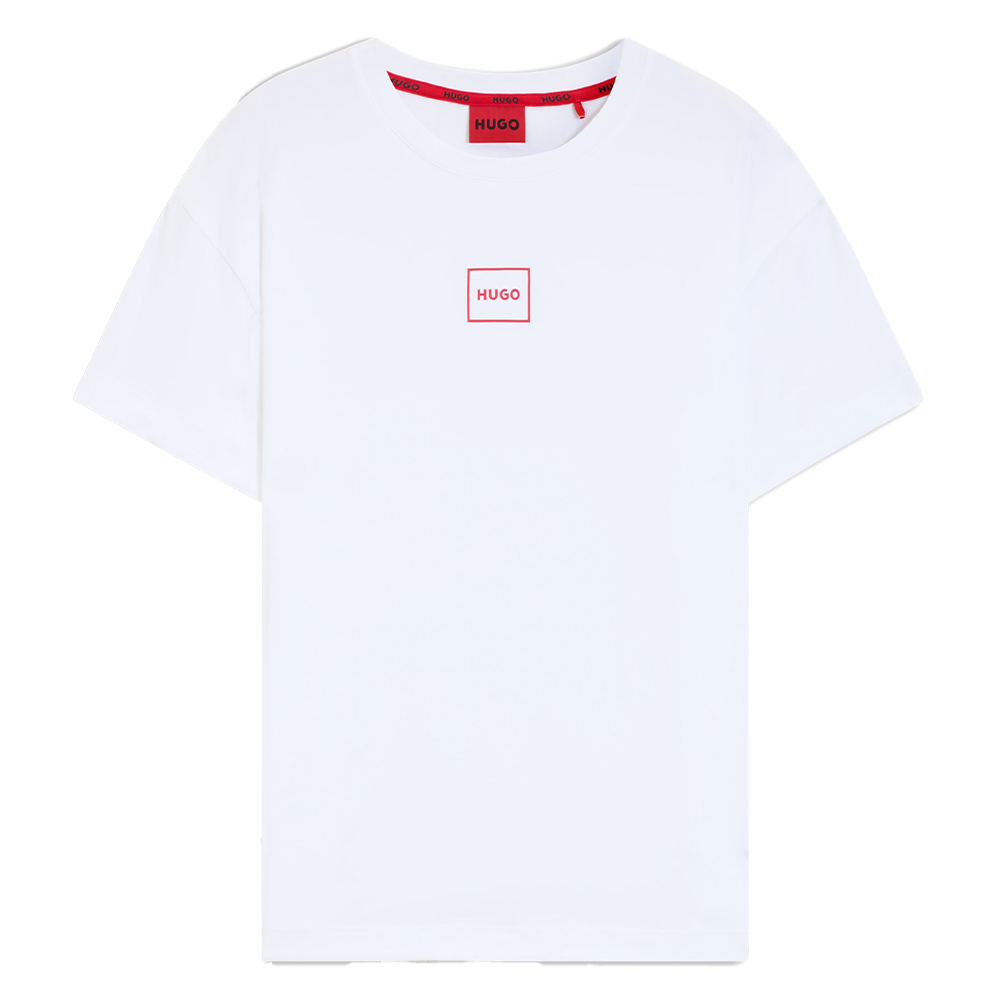 White t-shirt with red HUGO logo on chest
