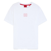 White t-shirt with red HUGO logo on chest