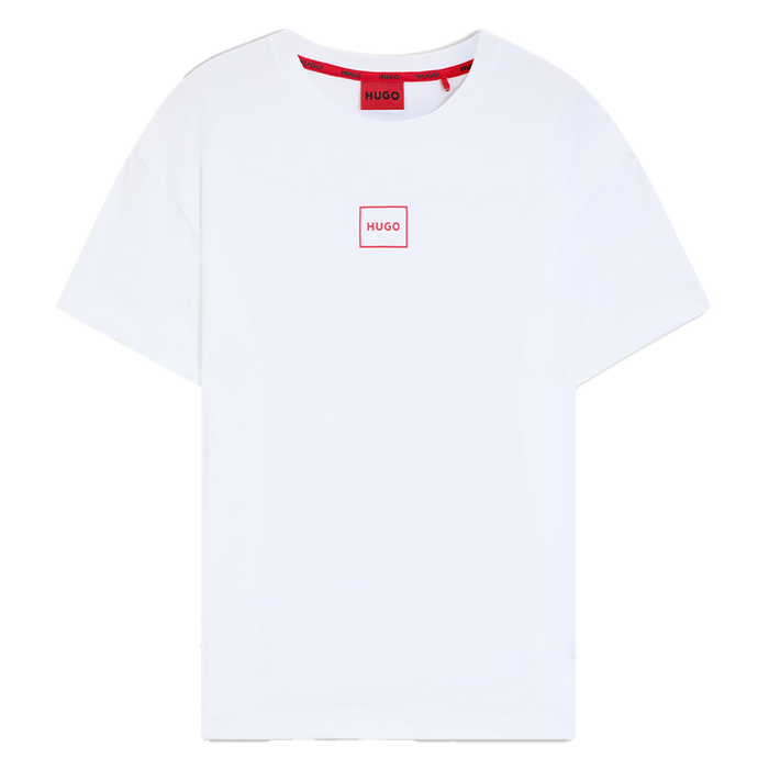 White t-shirt with red HUGO logo on chest