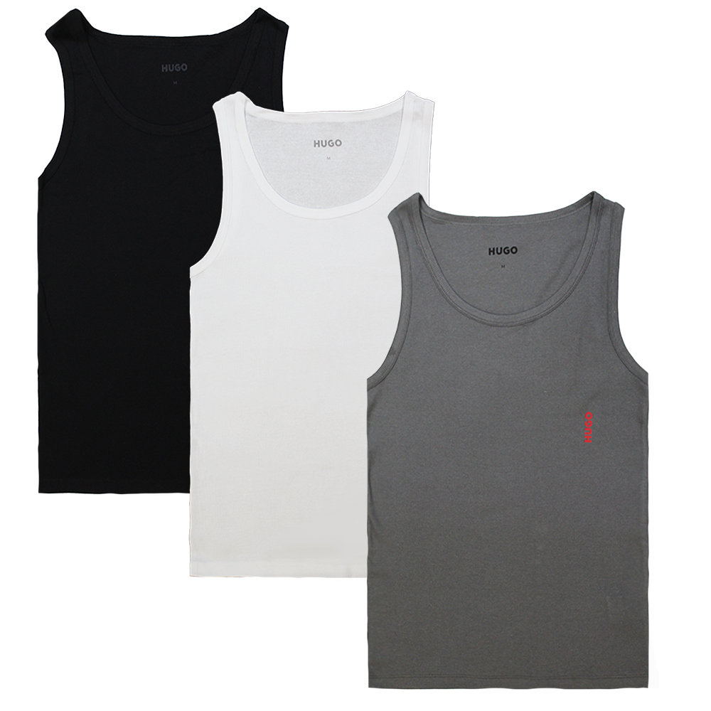 3 vests with HUGO logo, one black, one white and one grey.
