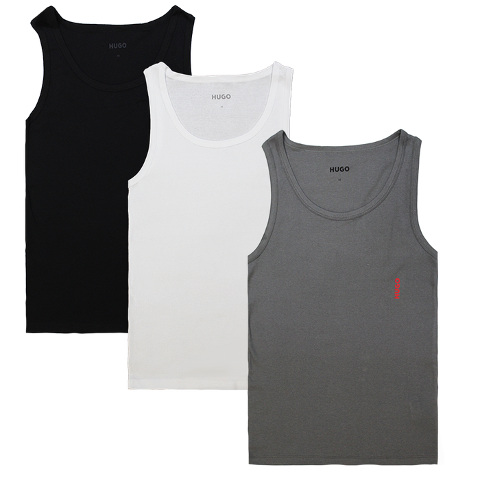 3 vests with HUGO logo, one black, one white and one grey.