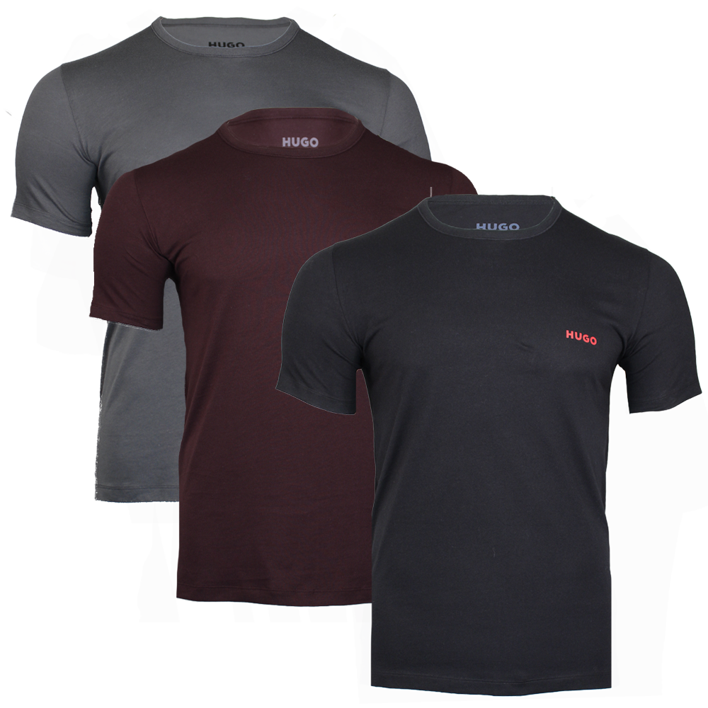 Black, grey and plum coloured t-shirts with HUGO logos