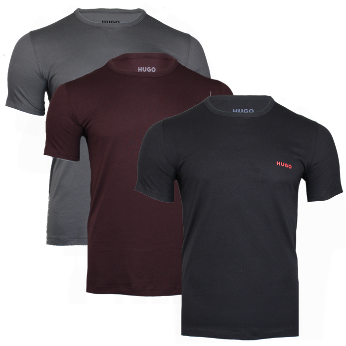 Black, grey and plum coloured t-shirts with HUGO logos