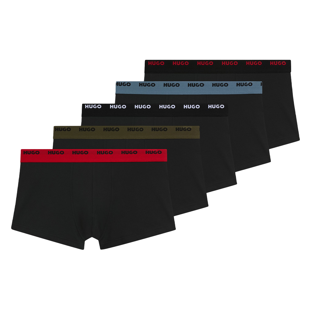 5 pairs of black boxer trunks with HUGO logo repeated on waistband