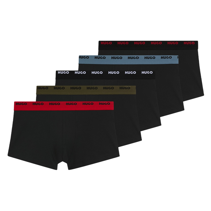 5 pairs of black boxer trunks with HUGO logo repeated on waistband