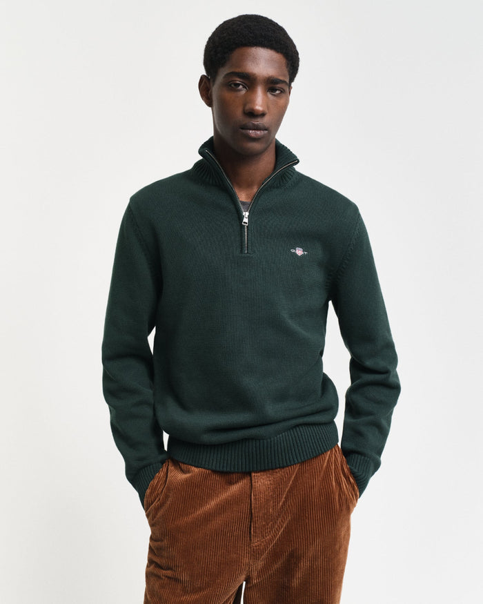Casual Cotton Half Zip Top, Tartan Green