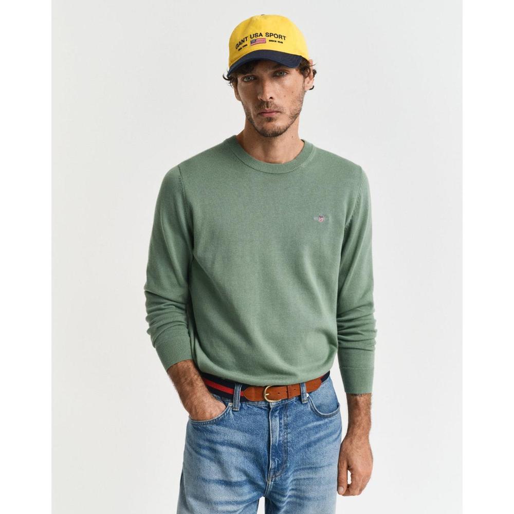 GANT mens Classic Cotton Crew Neck Jumper, Kalamata Green